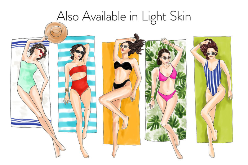 watercolor-fashion-clipart-girls-sunbathing-dark-skin