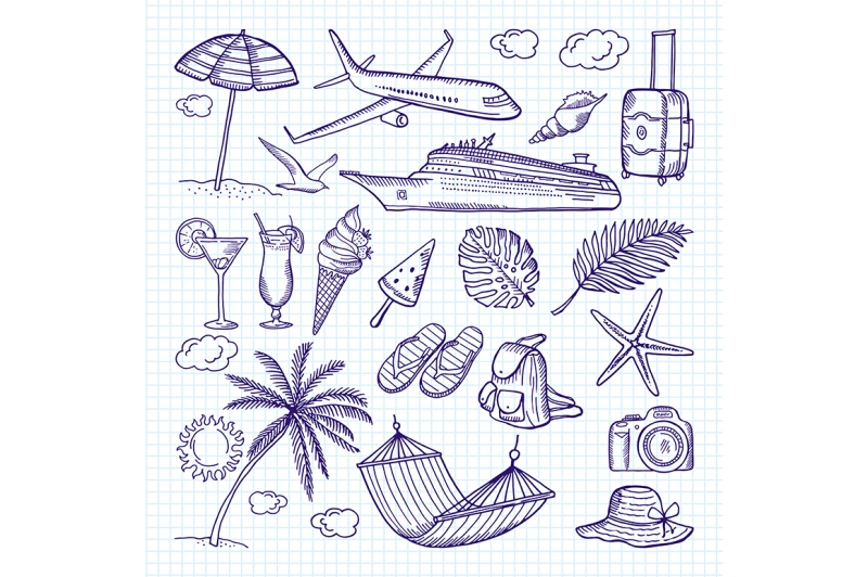 summer-hand-drawn-elements-sun-umbrella-backpack-and-other-symbols