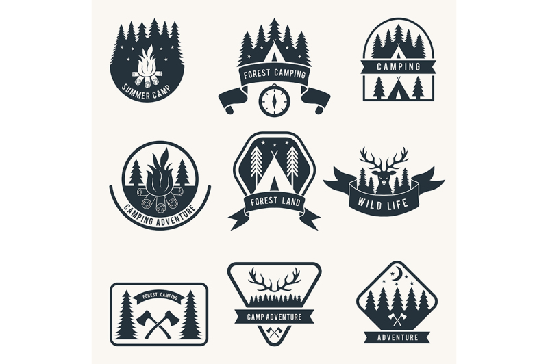 adventure-monochrome-badges-set-silhouette-of-tent