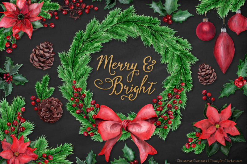 merry-and-bright-christmas-watercolor-pine-wreath-and-elements