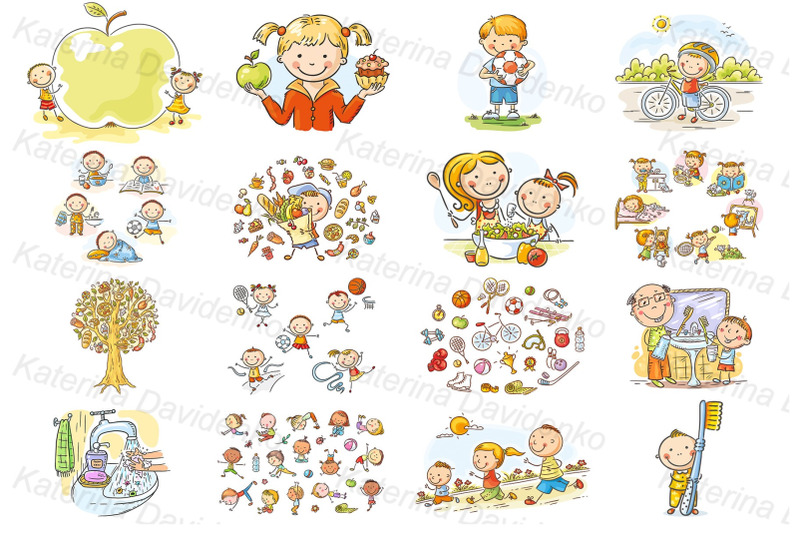 healthy-lifestyle-cartoon-doodle-kids-and-families-doing-sports