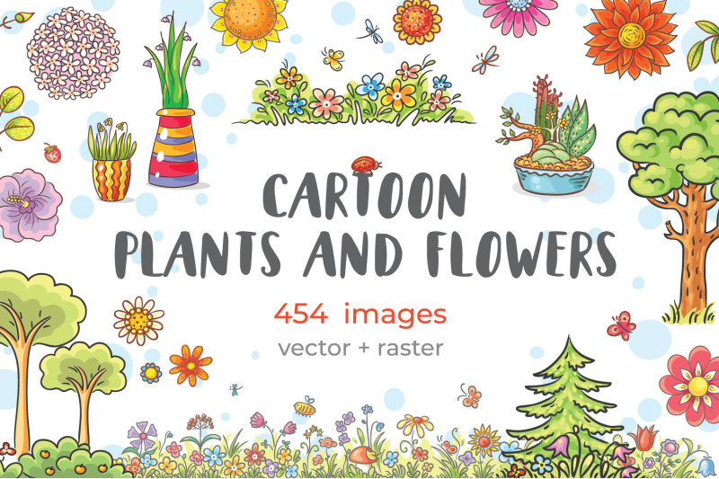 hand-drawn-cartoon-plants-and-flowers-clipart-bundle
