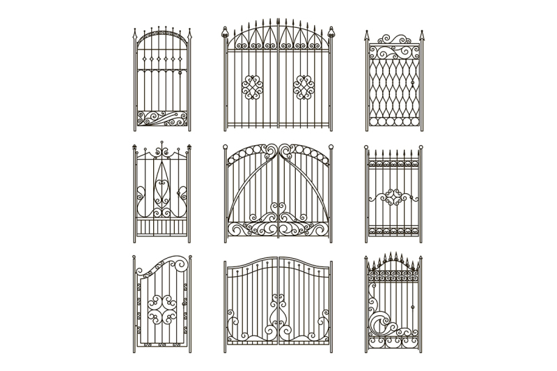 iron-gates-with-decorative-elements-vector-monochrome-pictures-set