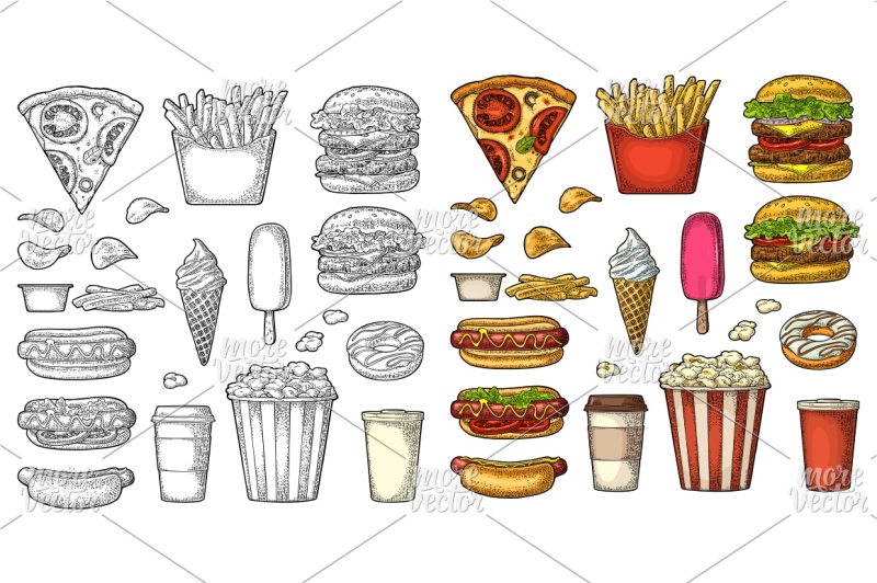 set-fast-food-vector-vintage-color-engraving