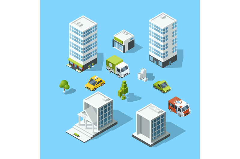 set-of-isometric-cartoon-style-buildings-trees-and-cars