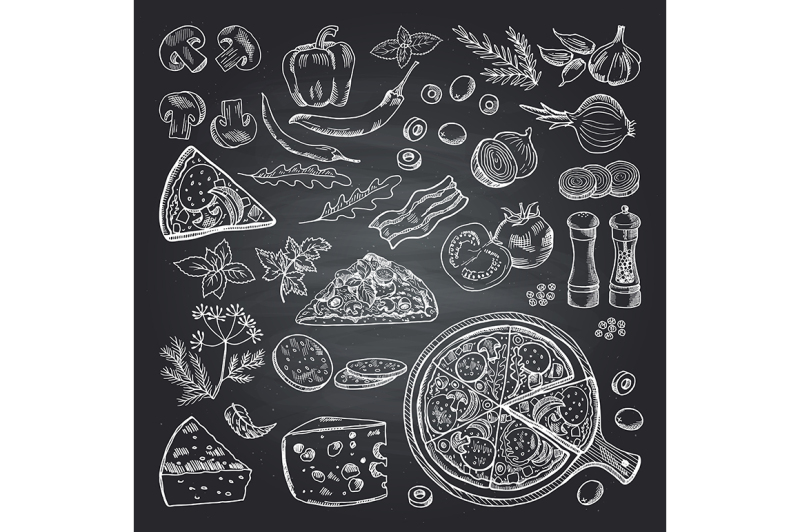 illustrations-of-pizza-ingredients-on-black-chalkboard