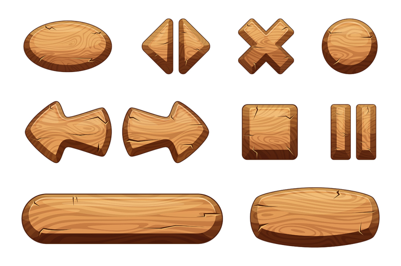 wooden-buttons-set-for-game-ui-vector-cartoon-illustrations