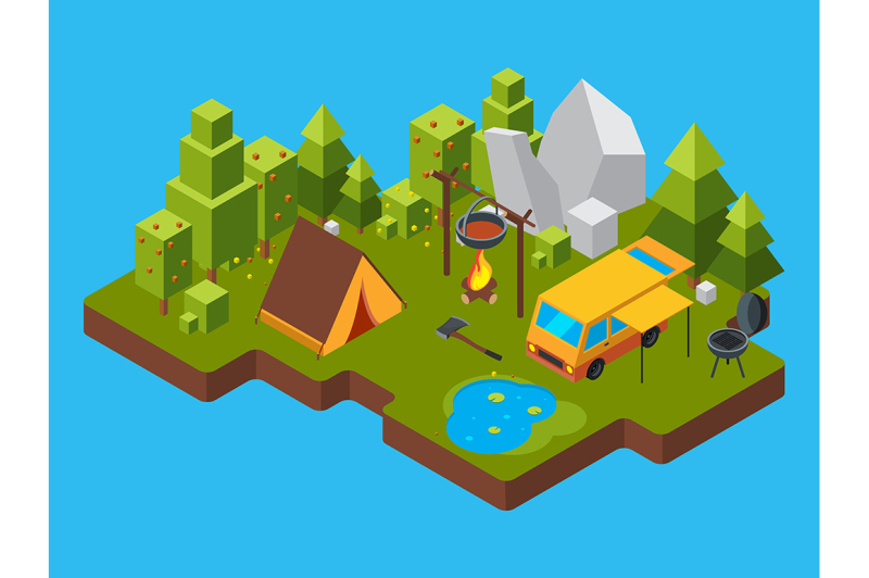 3d-isometric-landscape-with-camping-in-the-forest-outdoor-fireplace
