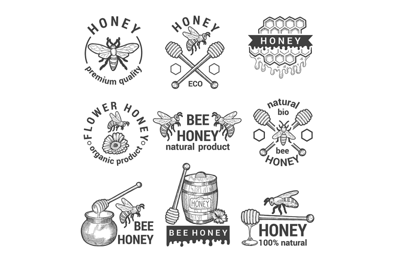 monochrome-labels-set-with-honey-bees-and-honeycomb