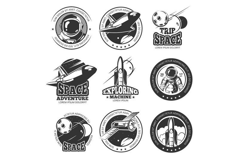 vintage-space-astronautics-shuttle-flight-vector-labels-logos