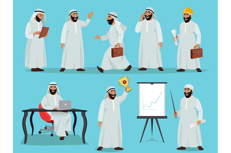 different-poses-of-arab-businessman-character-design-in-flat-style