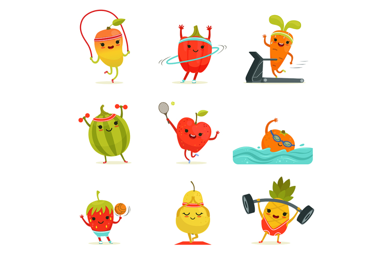 funny-fruits-make-fitness-exercises-vector-set-with-diet-foods