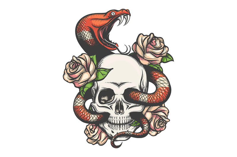 skull-with-snake-and-roses