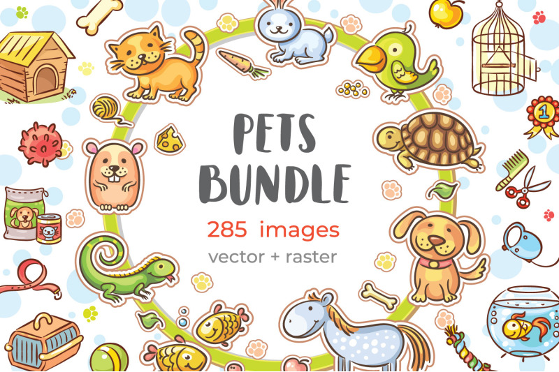 hand-drawn-cartoon-pets-bundle-vector-clipart-set