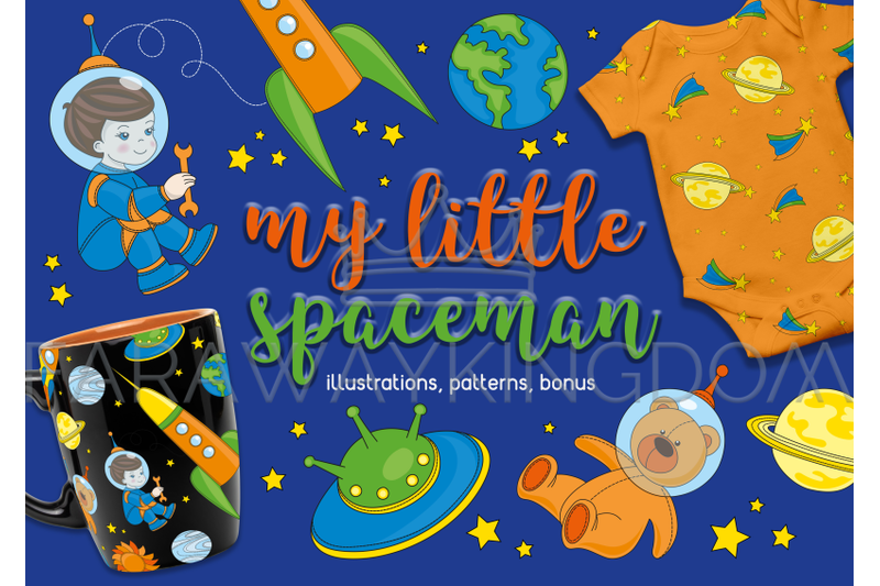 spaceman-cartoon-clipart-and-seamless-pattern-vector-illustration-set