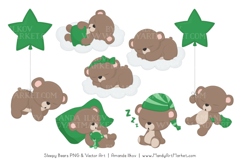 beary-cute-sleepy-bears-clipart-and-papers-set-in-green