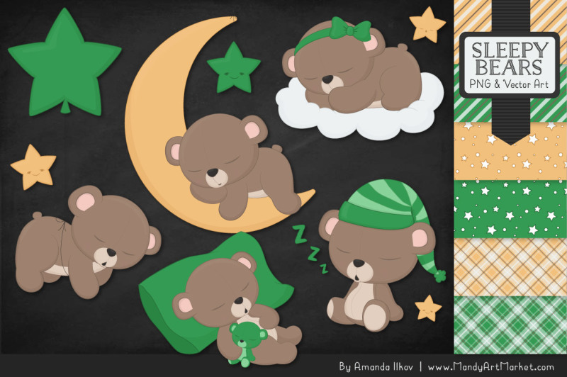 beary-cute-sleepy-bears-clipart-and-papers-set-in-green