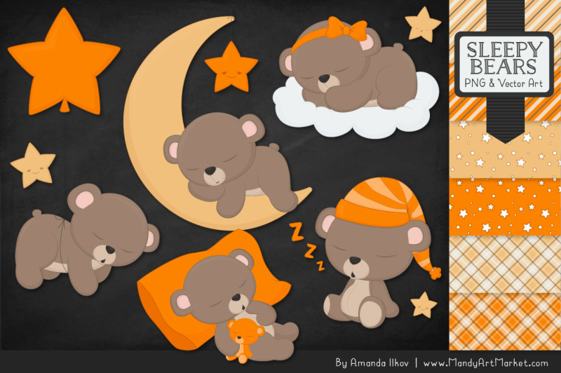 beary-cute-sleepy-bears-clipart-and-papers-set-in-orange