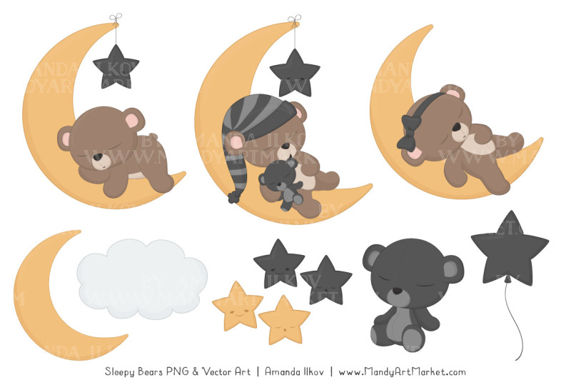 beary-cute-sleepy-bears-clipart-and-papers-set-in-pewter