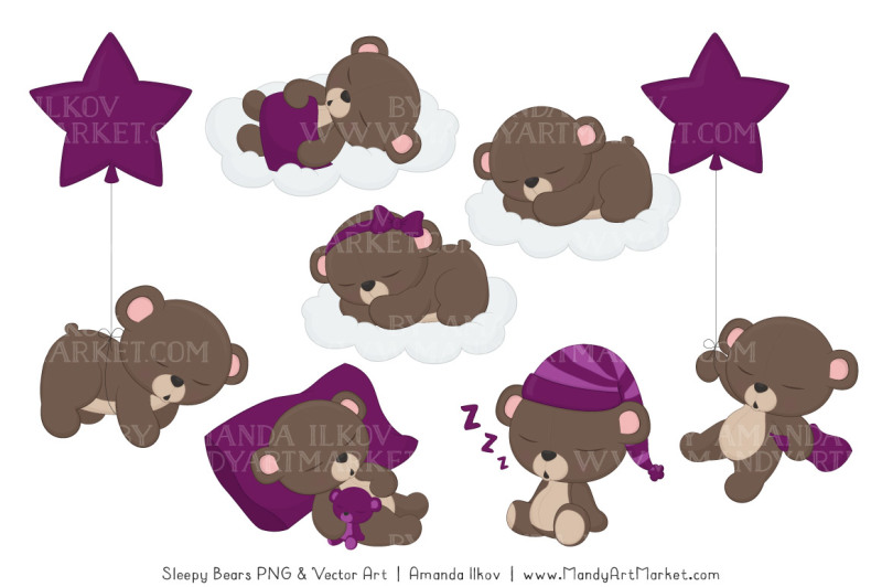 beary-cute-sleepy-bears-clipart-and-papers-set-in-plum