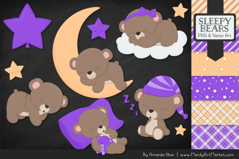 beary-cute-sleepy-bears-clipart-and-papers-set-in-purple
