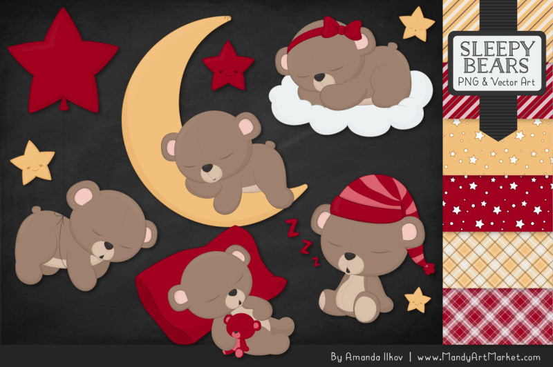 beary-cute-sleepy-bears-clipart-and-papers-set-in-ruby