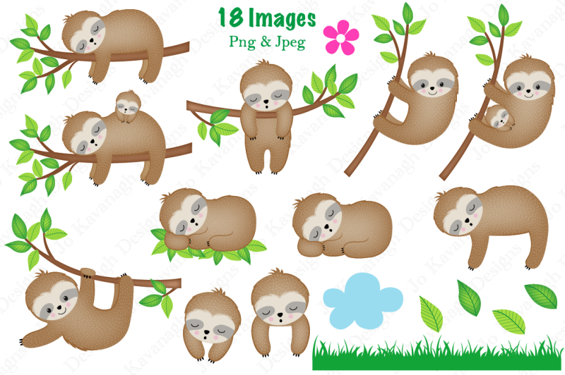 Sloth clipart, Sloth graphics & illustrations, Cute Sloths By Jo