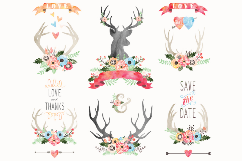 watercolor-floral-antlers-elements