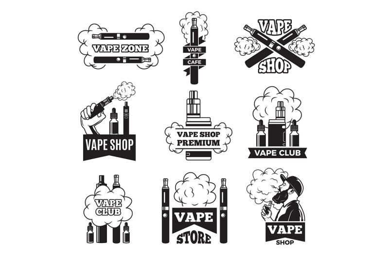 badges-and-labels-with-illustrations-of-vapor-from-electric-cigarette