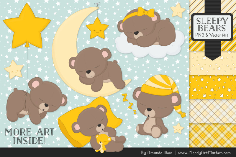 beary-cute-sleepy-bears-clipart-and-papers-set-in-yellow