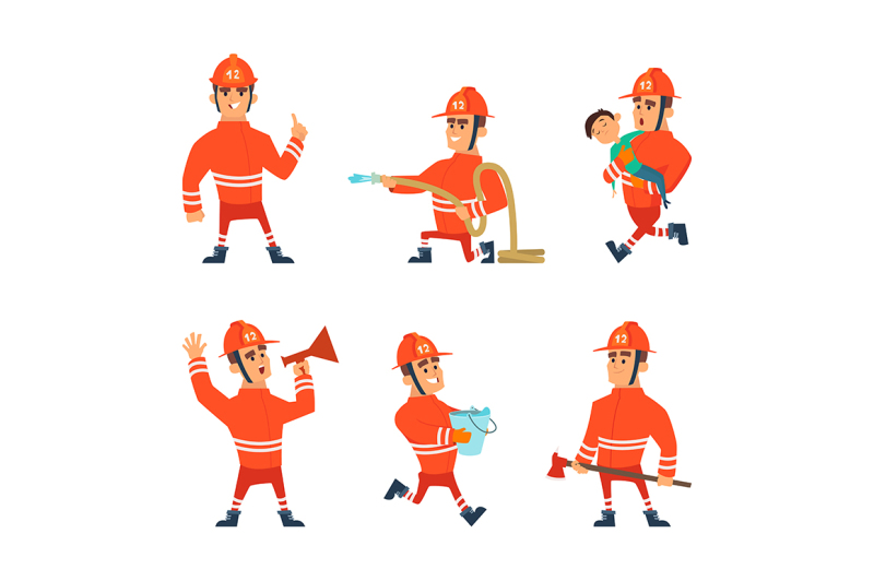 cartoon-characters-of-firefighters-in-action-poses