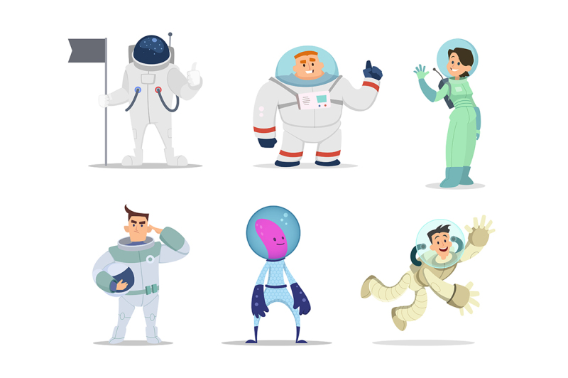 male-and-female-astronauts-cartoon-characters-in-action-poses