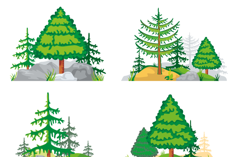 landscapes-with-coniferous-trees-grass-and-stones-vector-set