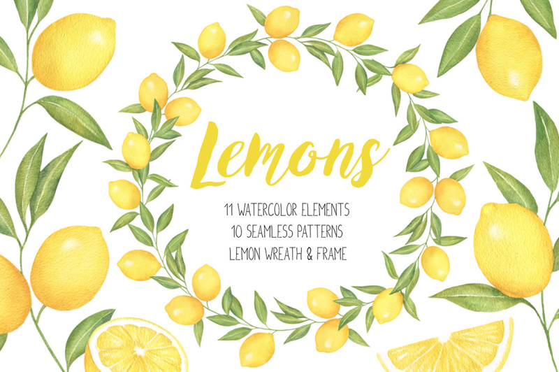 lemon-and-citrus-watercolor-clipart-lemon-wreath-seamless-pattern