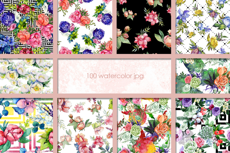 100-patterns-of-flower-bouquets-jpg-watercolor-set