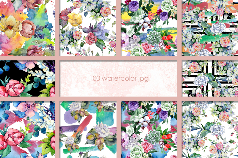 100-patterns-of-flower-bouquets-jpg-watercolor-set