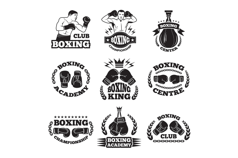 boxing-club-or-mma-fighting-labels-monochrome-vector-illustrations