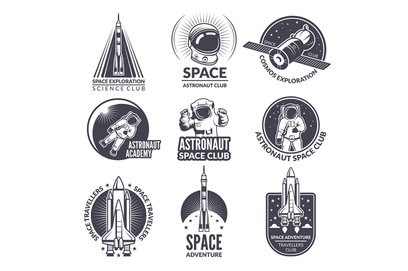 monochrome-illustrations-of-space-shuttle-and-astronauts-for-labels