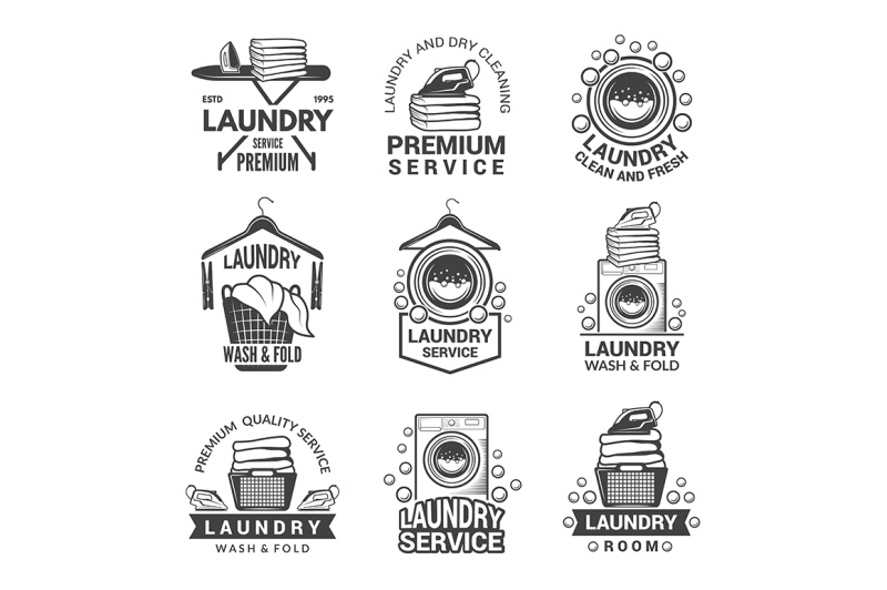 labels-or-logos-for-laundry-service-vector-monochrome-pictures