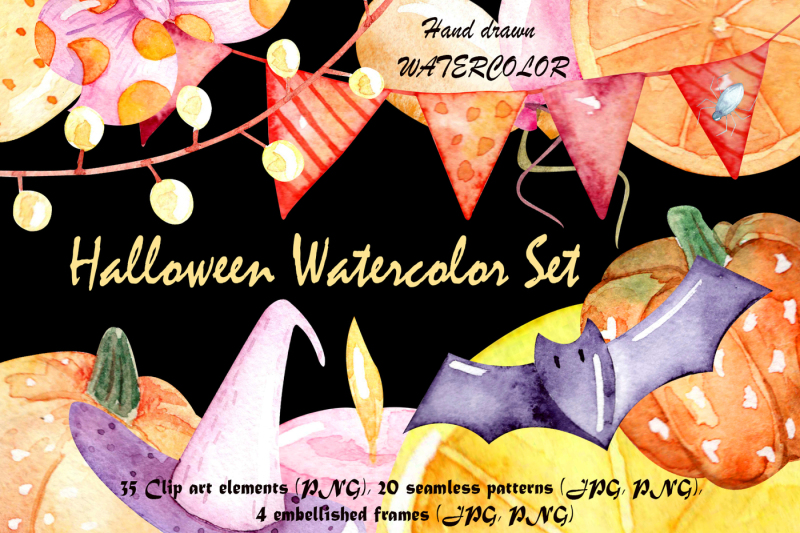 halloween-watercolor-set-clip-art-frames-seamless-patterns