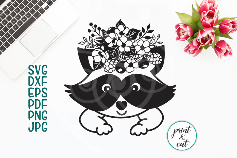 baby-raccoon-with-flowers-cutting-printable-template
