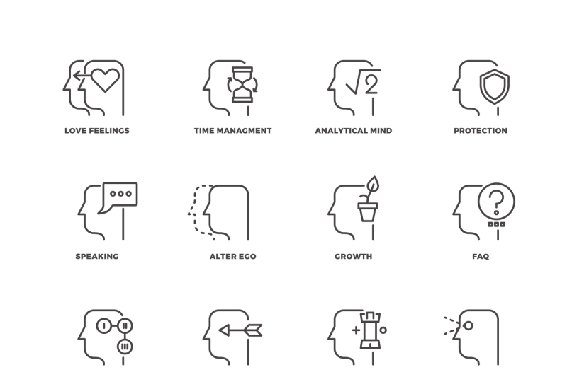 human-mind-process-brain-features-line-vector-icons-set
