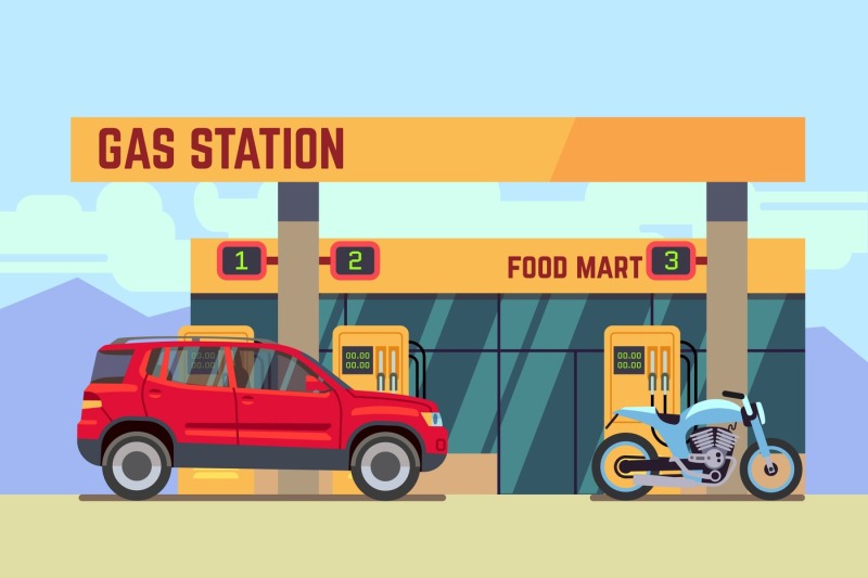 cars-and-motorcycles-at-gas-filling-station-flat-vector-illustration