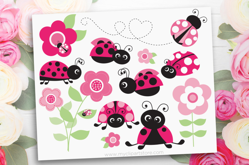 Ladybug Garden (Pink) Vector SVG Clipart Easy Edited