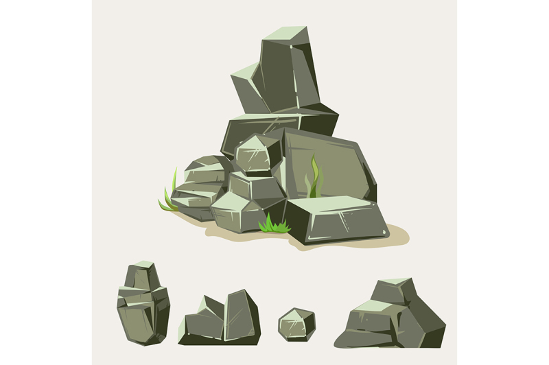 set-of-rocks-rock-stone-with-grass-cartoon-isometric-3d-flat-style