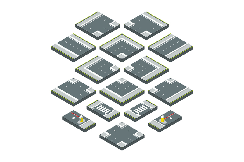 isometric-city-elements-road-grass-and-crossroads