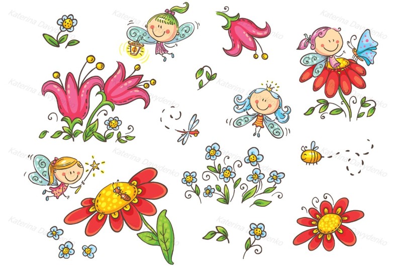 set-of-cartoon-fairies-insects-flowers-and-elements-vector