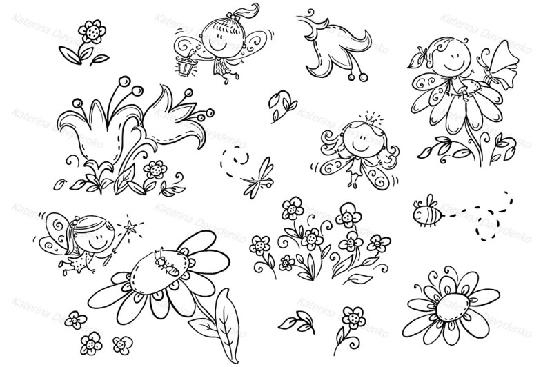 set-of-cartoon-fairies-insects-flowers-and-elements-vector