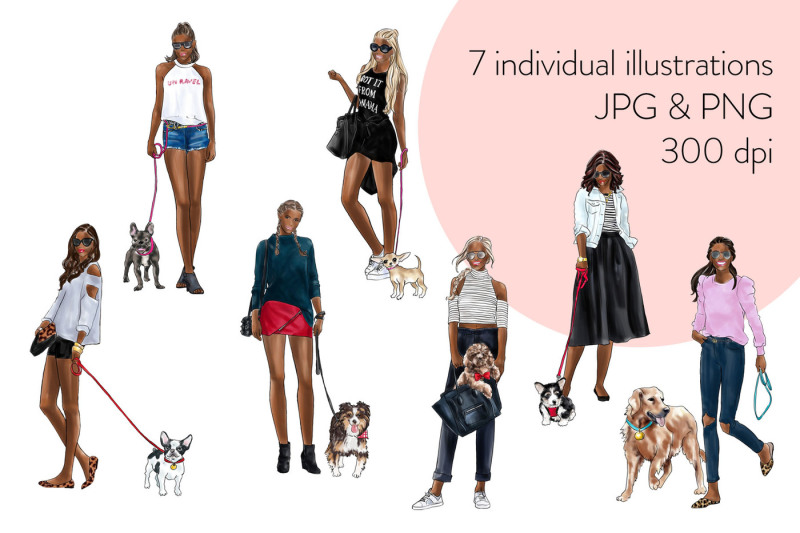 watercolor-fashion-clipart-girls-with-dogs-2-dark-skin