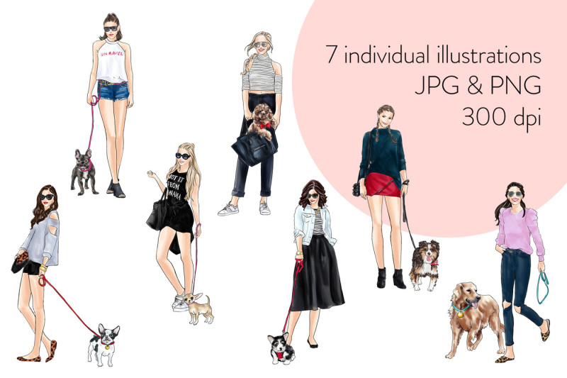 watercolor-fashion-clipart-girls-with-dogs-2-light-skin